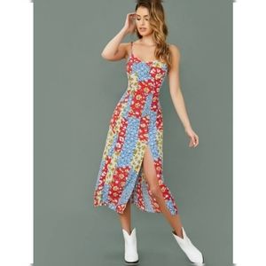 ESSUE Floral Colorblock Slit Patchwork Boho Dress